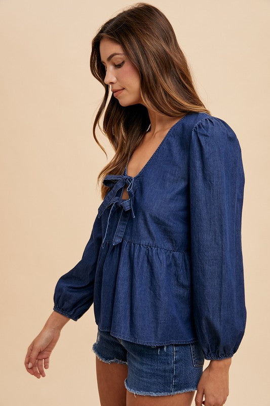 Annie Wear Tie Front Peplum Long Sleeve Denim Top