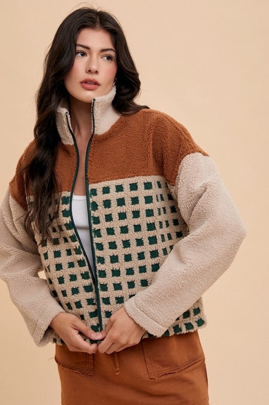 Annie Wear Plaid Zip Up Drop Shoulder Sherpa Jacket