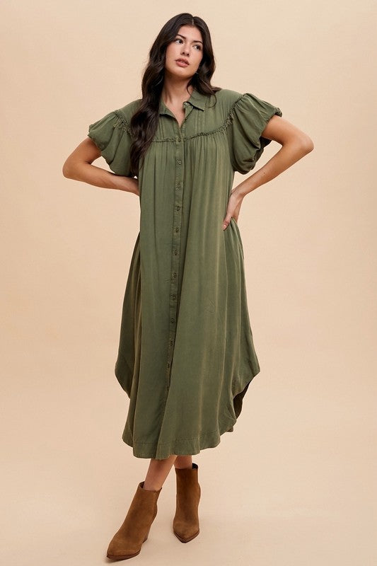 Annie Wear Mineral Washed Button Down Puff Sleeve Shirt Dress